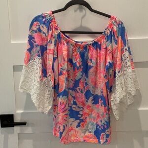Lilly Pulitzer Blue and Pink Floral Blouse with Lace Sleeves